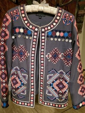 Stunning Vintage Indigo Moon Cool Gray Beaded Mirror Coin Festival Jacket